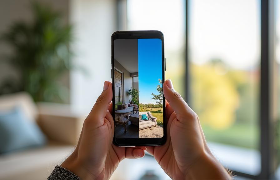 Split-screen showing mobile phone real estate photo enhancement