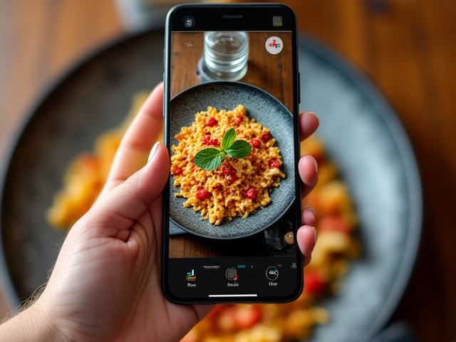 Food blogger editing a vibrant plate of food on a tablet