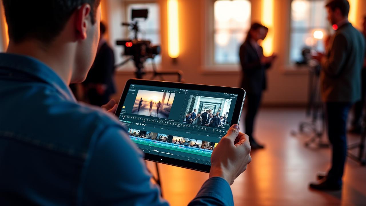 Professional videographer using Nebulix Media on a tablet at a live event