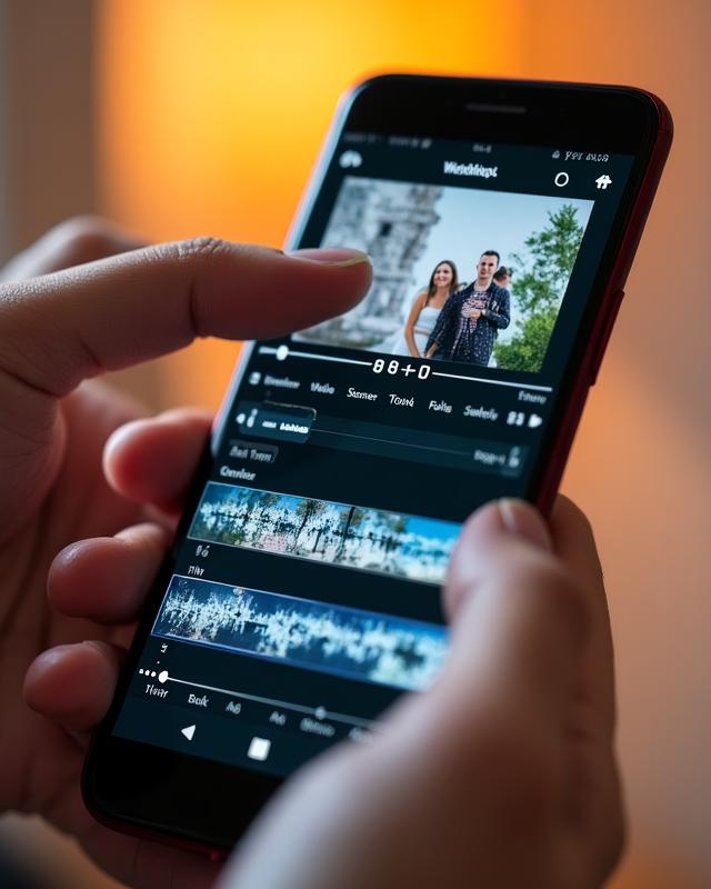 Android phone screen showing a complex multi-track wedding edit timeline