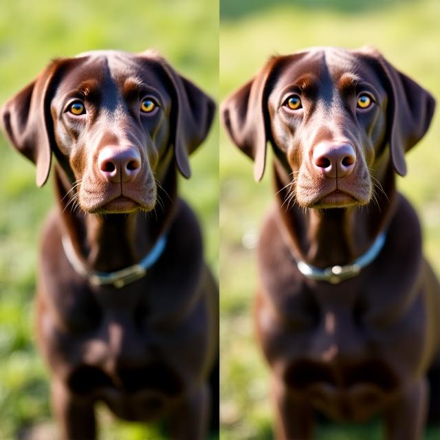 Before and after of a dog portrait with AI enhancements
